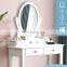 Bedroom Dressing Table Makeup Vanity Desk with 360 degree Rotating Oval Mirror and Cushioned Stool