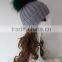 Gorgeous Design Grass Green Raccoon Fur Ball With Knitted Acrylic Hat Large Fur Pompom Knit Rib Beanie Cap