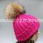 Rose color top grade winter acrylic beanies with large natural fur ball