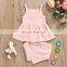 Solid pit stripe children's four color optional sleeveless suspender top and shorts two-piece set