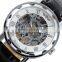 Luxury Mens White Silver Skeleton Black Leather Band Hand-Winding Mechanical Stainless Steel Case Wrist Watch