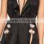 Black Satin Embroidered Teddy Split Hem Women Nightwear Sexy Strap Pyjama Set Halter Back Sleepwear