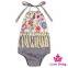 Cheap Halter Gray Floral Printed Decorative Tassels Infant Bodysuit Newborn Toddler Baby Girl Romper