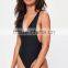 Women's Deep V Front Swimsuit Print Logo On Left Chest Black One Piece Swimwear 80% Nylon and 20% Elastane