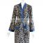 Wholesale Cheap Sexy Ladies Blue Leopard Printed Lace Trimed Silk Sleep Kimono Robe Dress Set