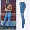 2016 Summer Women Sky Blue Skinny Pencil Denim Pants Vogue Knee Holes Narrow Bottom High Waisted Ladies Latest Fashion Jeans