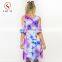 Custom fashion design beaustiful printing ruffle short sleeve cutout shoulder comfortable soft dress for ladies beach wear