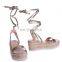 Ladies fancy unique gold color design lace up glitter flat form sandals shoes