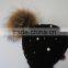 USA Style New Design Knitted Beanie Cap With Raccoon Fur Ball Multicolor Raccoon Fur Pompom Knit Hat