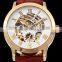 Vintage Gold Stainless Steel Case Mens Hollow Skeleton Leather Automatic Mechanical Wrist Watch