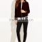Jacket Women Winter Burgundy Stand Collar Bomber Jacket Slim Fit Velvet Blazer With Striped Trim Detail