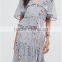 chinese clothing oem Fully lined Layered frill design V-neck Blue Maxi dresses women dresses