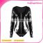 Hot 2016 Sexy Black Zipper Front PVC Lingerie Women Long Sleeve Bodysuit
