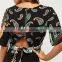 Wholesale cheap custom black long sleeve paisley print wrap front women crop top