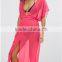 Summer New Style Pink Plain Split Front Deep V Neck Chiffon Maxi Beach Kaftan with Self Belt