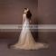 Noble luxury gold spaghetti straps heart line bling beads applique lace lie around full wedding dress