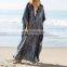 2019 Dark Blue Striped Deep V-Neck Bats Sleeve Loose Summer Dress Beach Kaftan Plus Size Women Beachwear Maxi Dress Sarong