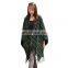 Ladies acrylic green shred woven stripe checked yarn dye fur collar ruana cappa shawls stole scarf