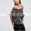 2016 New Latest Ladies Casual Blue Ruffles Blouses and Tops