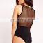 2016 Sexy Women Mesh Panelled Plunge Black Bodysuit Wholesale