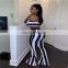 Fashion Women Two Piece Flare Top And Pants Stripe Tracksuit Set