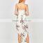Slip floral printed drawstring waist asymmetric chiffon women dress
