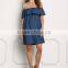 New Model Girl Wholesales Knee Long Dark Denim Off Shoulder Layered Shift Dress Women Casual One Piece Dress HSD5335