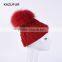 Popular beanie knit hat style for women with big fur ball on top KZ160076