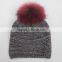 Myfur Multi-Color New Striped Pattern Wool Acrylic Knitting Hat with Real Raccoon Fur Pom Poms