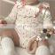 INS spring and autumn girls baby baby lotus leaf lapel dress small cherry cute romper with bow headband