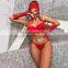 6pcs Red Lace Mesh Sexy Lingerie  Eye Mask Girls Wearing Wear with Glove Neck Ring