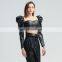 TWOTWINSTYLE Shirt For Female Puff Sleeve Square Collar Long Sleeve Cropped Sexy PU Leather