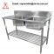 Commercial 2 Two Compartment Sink with Drainboard, Stainless Steel Double Catering Kitchen Sink Work Bench Table with Undershelf