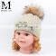 Warm Winter Knitted Beanie Baby Girls Pink Fur Hat With Fur Ball Pom Pom
