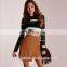 2016 Baiyimo custom lady A line stretch mini short suede skirt with pocket camel color