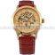 Classic Gold Dial Stainless Steel Case Coffee Leather Hollow Skeleton Men Automatic Mechanical Watch