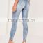 Fashion women blue high waisted brushed ripped skinny denim jeans with hole