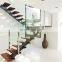 modern style indoor mono stringer glass wood staircase with stainless steel hanrail