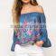 BOOHOO BLUE OFF THE SHOULDER DENIM RUFFLE TOPS WITH EMBROIDERY