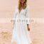 Elegant Lace Patchwork Button Front Open Long Sleeve White Cotton Beach Dress Women Swimwear Cover Up Beach Tunic Plus Size