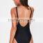 Women's Deep V Front Swimsuit Print Logo On Left Chest Black One Piece Swimwear 80% Nylon and 20% Elastane
