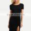Rayon Black Short Sleeve Split Side Sheath Dress Polyester Spandex Plain Casual Short Dress