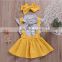 Spot pattern top with plain color gallus dress and headband 3pcs girls suit wholesale price