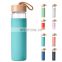High Quality Borosilicate Glass Bottles 20OZ Wide Mouth Glass Tumbler Cups With Silicone bottle Sleeve Wooden Lid Handle