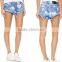 Ladies stretchy cuffed short trousers blue printed mini jean shorts for womens high cut patterned denim jeans