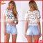100% Polyester short sleeve round neck crop top,elegant fashion lace top