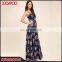Summer navy blue floral print strap women long dress beach ruffle maxi dress