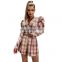 Small suit women's jacket plaid long-sleeved short belly shorts suit double-breasted V-neck lapel puff sleeve short top