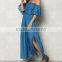 Blue Chambray Off Shoulder Bell Sleeve Maxi Denim Jeans Dress Ladies Western Dress Designs HSd5281