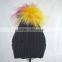 Myfur Black Color Unisex Winter Woolen Beanie with Fur Pompom Top